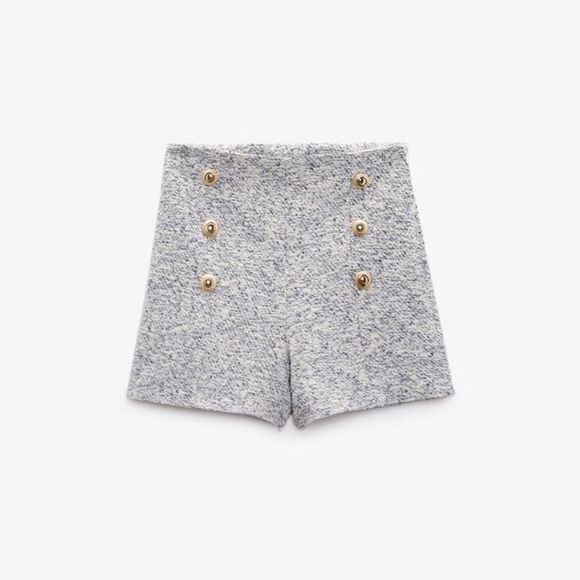 ZARA TEXTURED TWEED SHORTD WITH GOLD BUTTONS BLUE AND WHITE - Picture 7 of 14